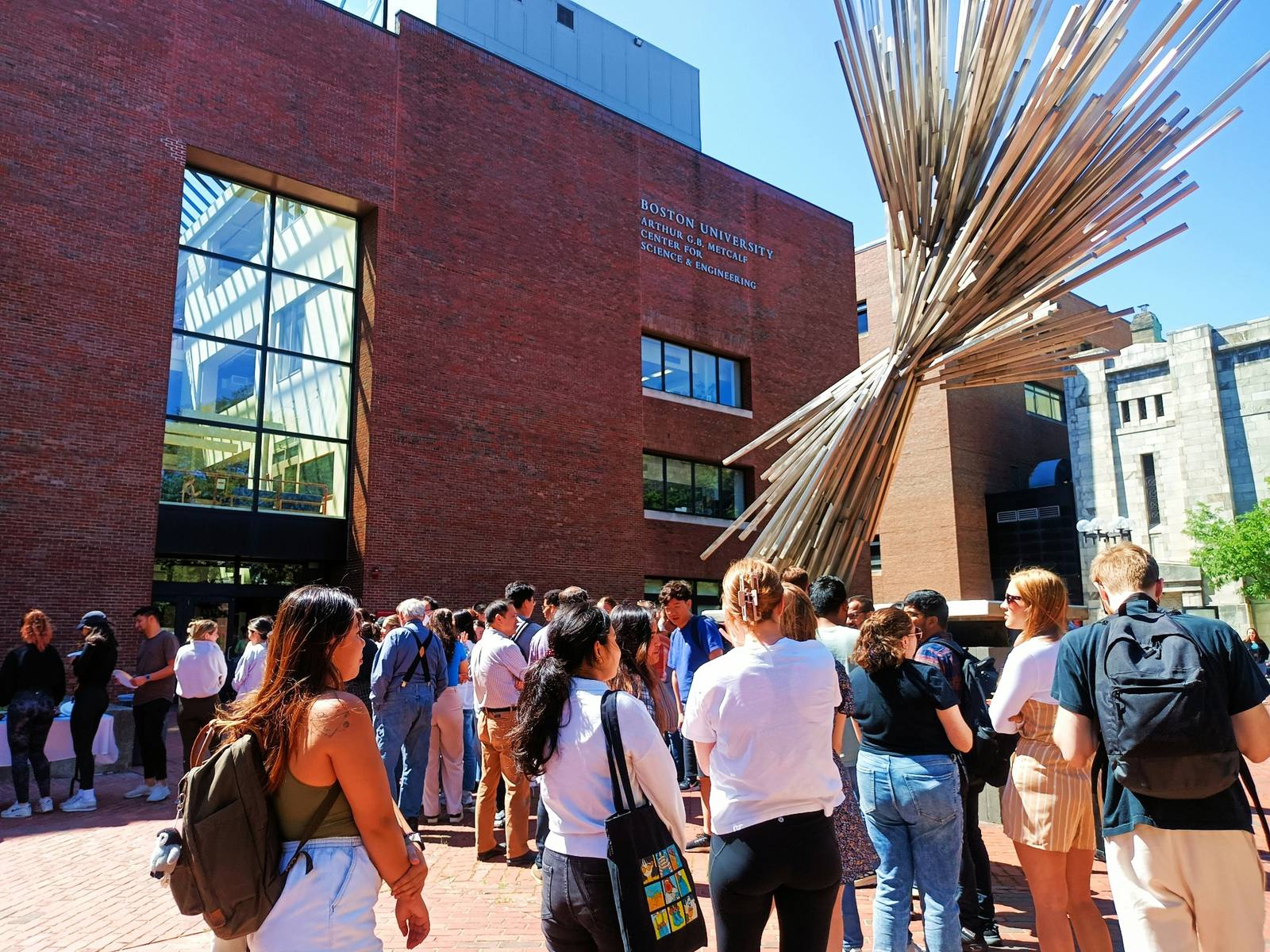 Students gathered outside a school building
